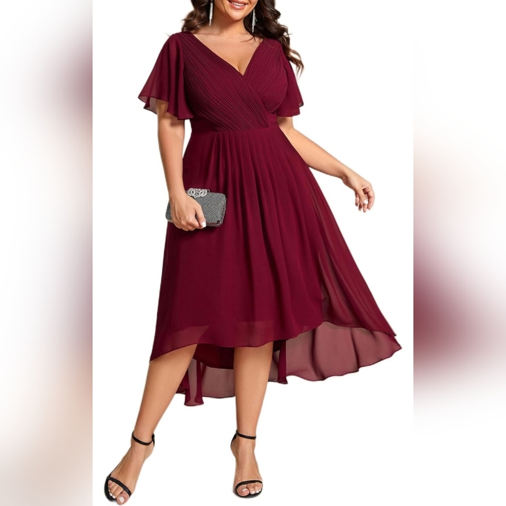 Ever-Pretty A Line Curvy Pleated Chiffon Semi Formal Dress Size 24 Burgundy